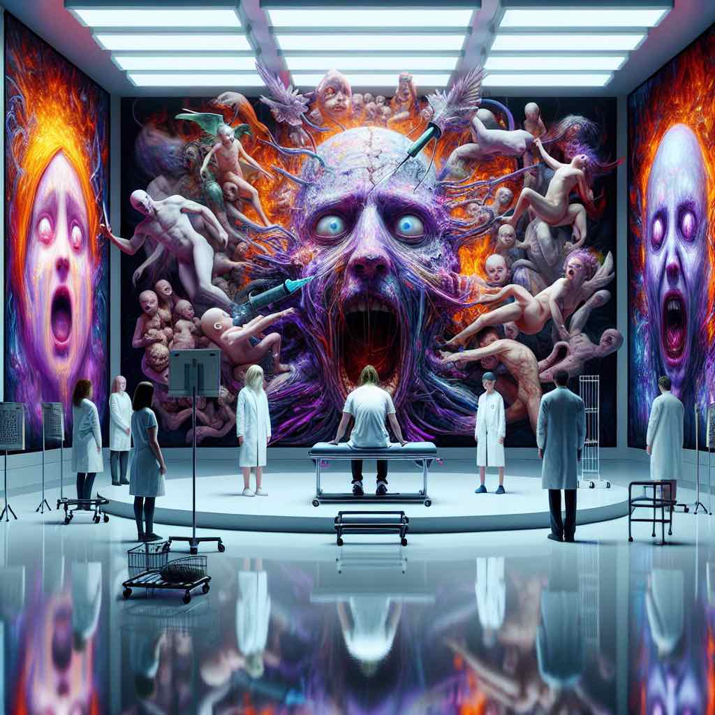 Dark and intense nightmare scene of being probed in a lab
